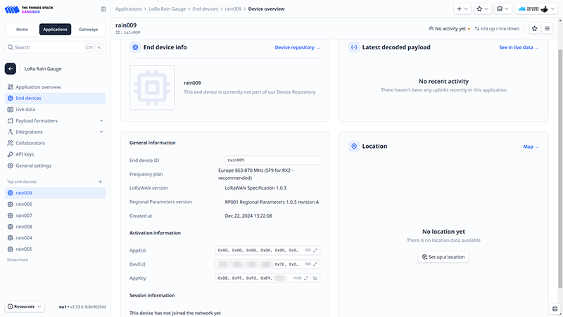 Screenshot: Aktivierungsdaten im The Things Network