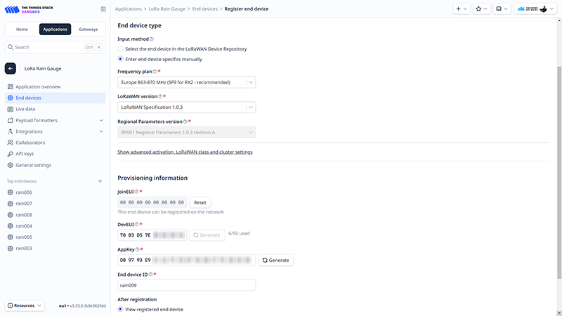 Screenshot: Registrierung im The Things Network